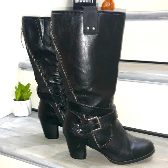 Rialto Shoes - Rialto Caparella Black Heeled Boots Women's Size 8 1/2 M Buckles Zipper